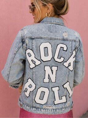 . Judith March Rock N Roll Navy Distressed Patch Varsity Denim Jacket
